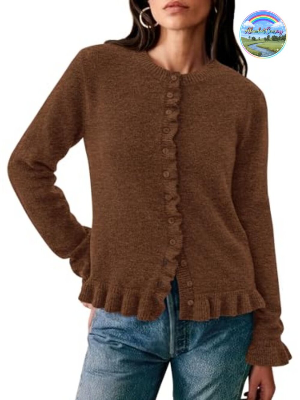 Cropped Chunky Knit Button Down Ruffled Cardigan Long Sleeve Crew Neck